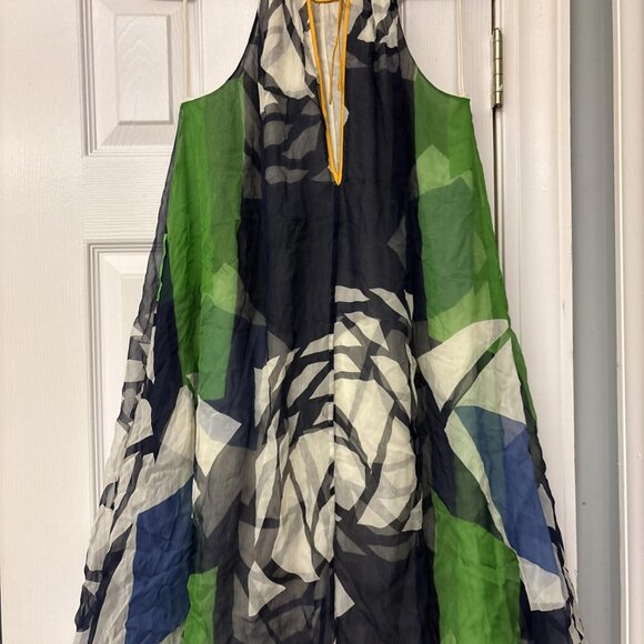 Catherine Malandrino Green & Blue Print Trapeze Silk Dress Size: 6. Cocktail - Picture 9 of 12